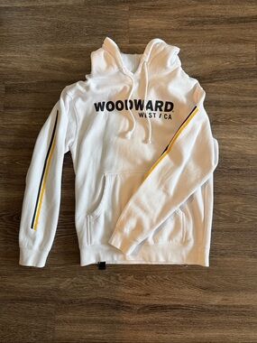 Woodward White Crewneck Hoodie with Yellow & Black Sleeve Stripes